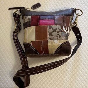 Coach Brown and Hot Pink Shoulder Bag with Patchwork Design